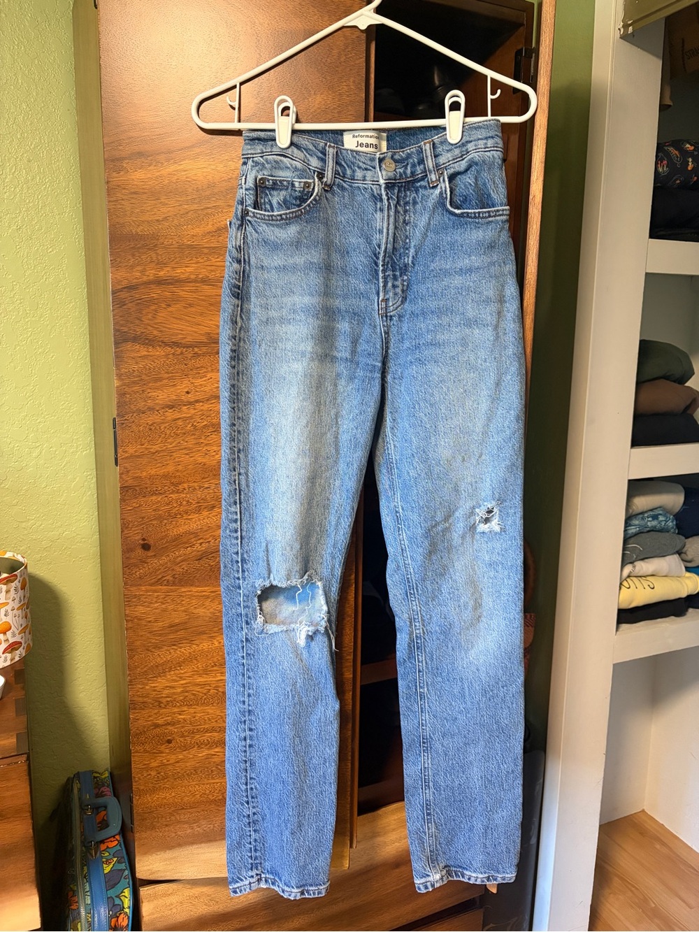 Reformation High Rise Straight Jean with distressed knee details